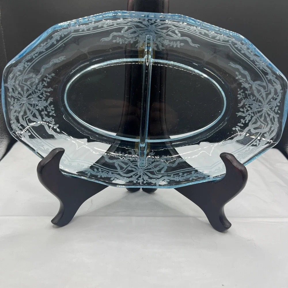 Vintage Fostoria June Azure Blue Etched Glass Divided Relish Dish Serving Tray